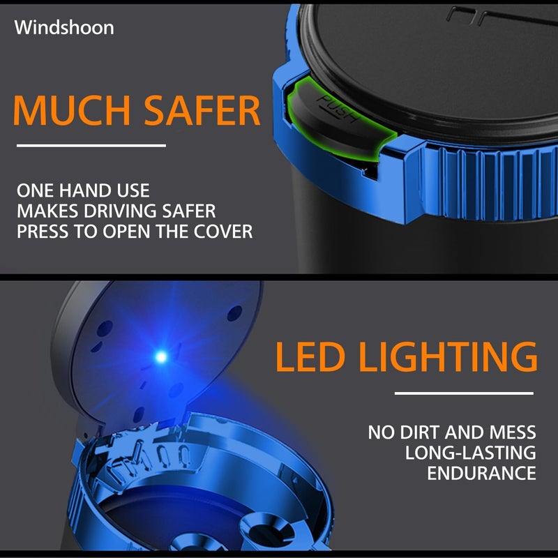 Windshoon Smokeless Car Ashtray with Lid - Stainless Steel Inner Container Windproof Ashtray, Portable LED Blue Light Auto Accessories for Travel, Detachable Mini Trash Can (Blue 1-Pack) - Image 3